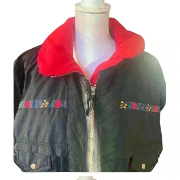 Edelweiss Vintage winter coat. Mid-weight. Large. Black and Red. Floral trim. - Picture 1 of 15
